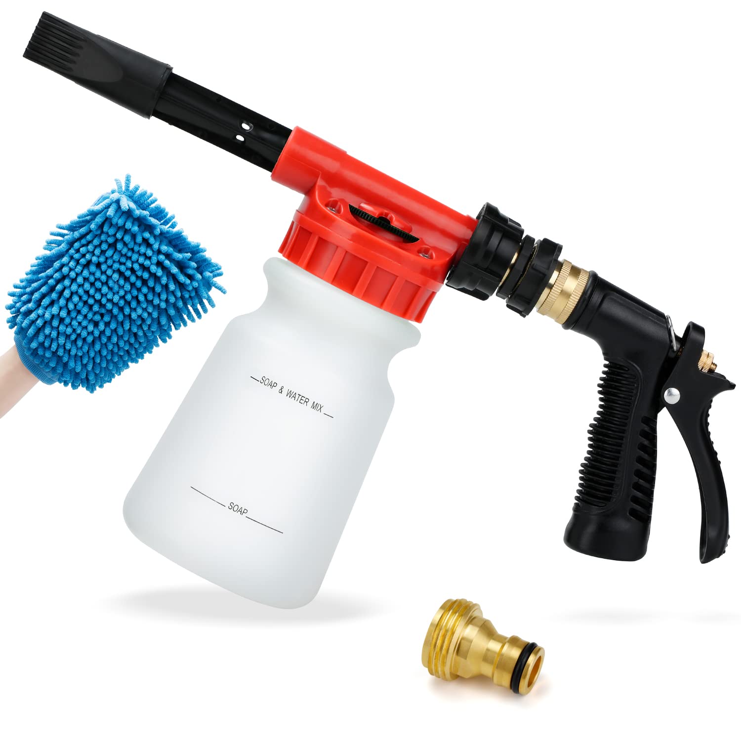 Ohuhu Car Wash Foam Gun With 3/8'' Connector & Mitts, Dual Filtration, 6 Foam Levels, Quick Connect To Garden Hose (Red)
