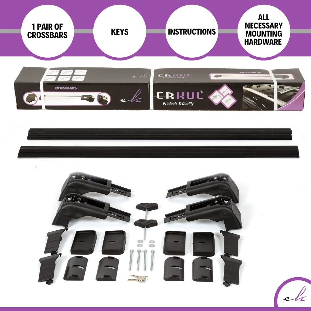 Erkul Heavy Duty 220 Lbs Roof Rack Cross Bars For Kia Soul 2020-2025 | Aluminum Crossbars With Anti Theft Lock For Rooftop | Compatible With Fixed Points Roofs - Black