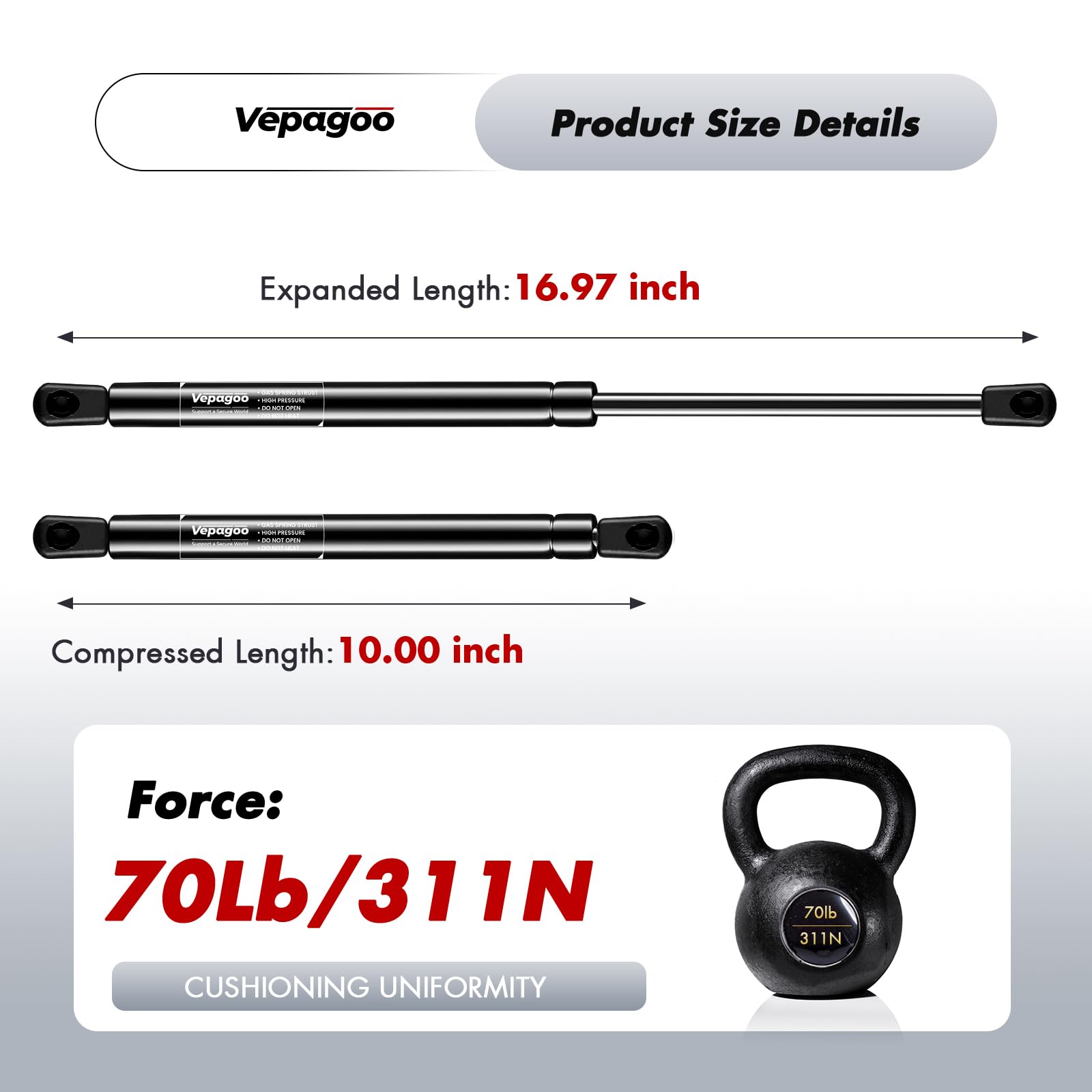 Vepagoo C16-06288 17 Inch 70Lb/311N Gas Shocks Struts Lift Support For Leer Are Camper Shell Truck Topper Rear Window, Pickup Ca