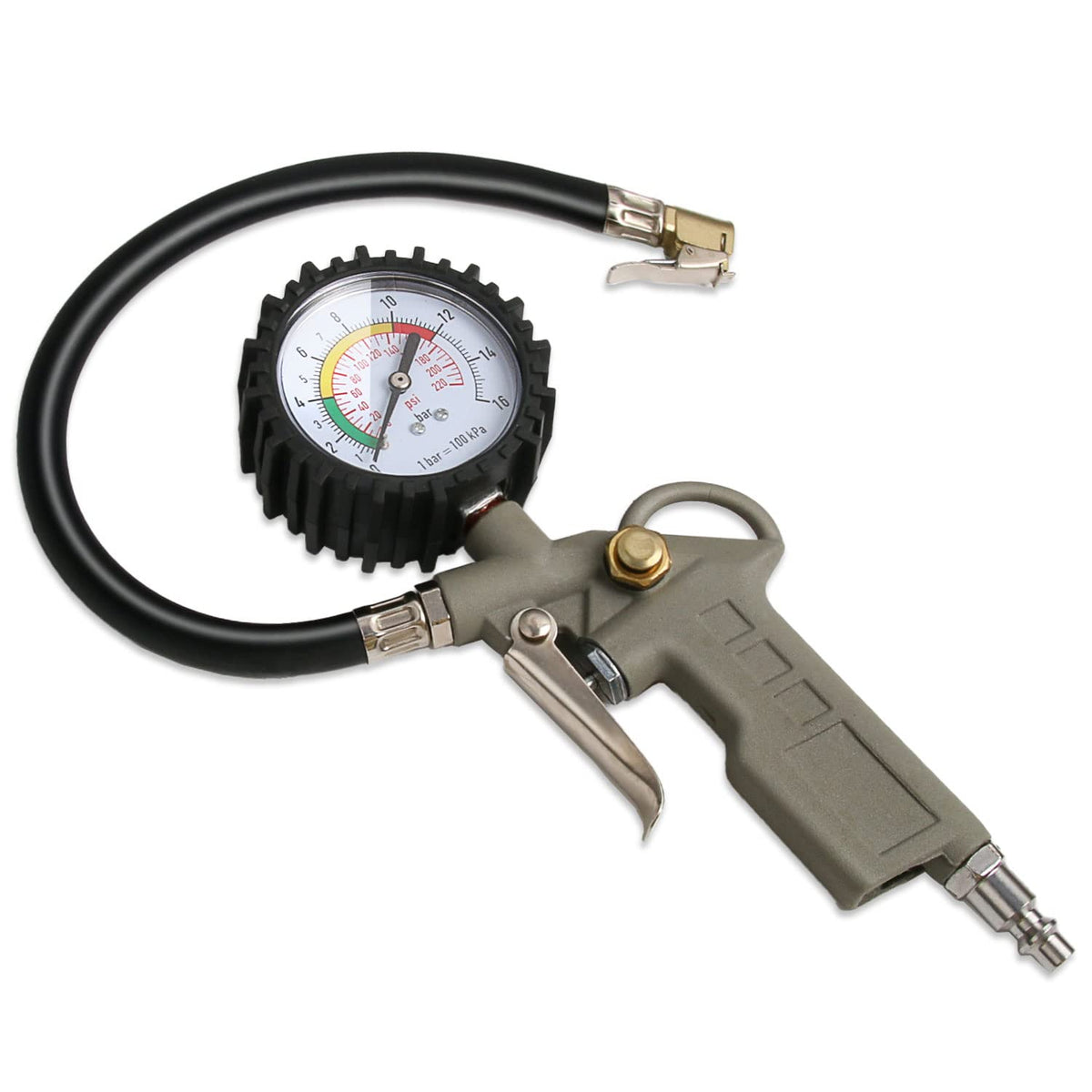 Ladfath Tire Inflator With Pressure Gauge, 0-220Psi Dial Wheel Air Tire Pressure Gauge, Heavy Duty Rubber Hose With Quick Couple