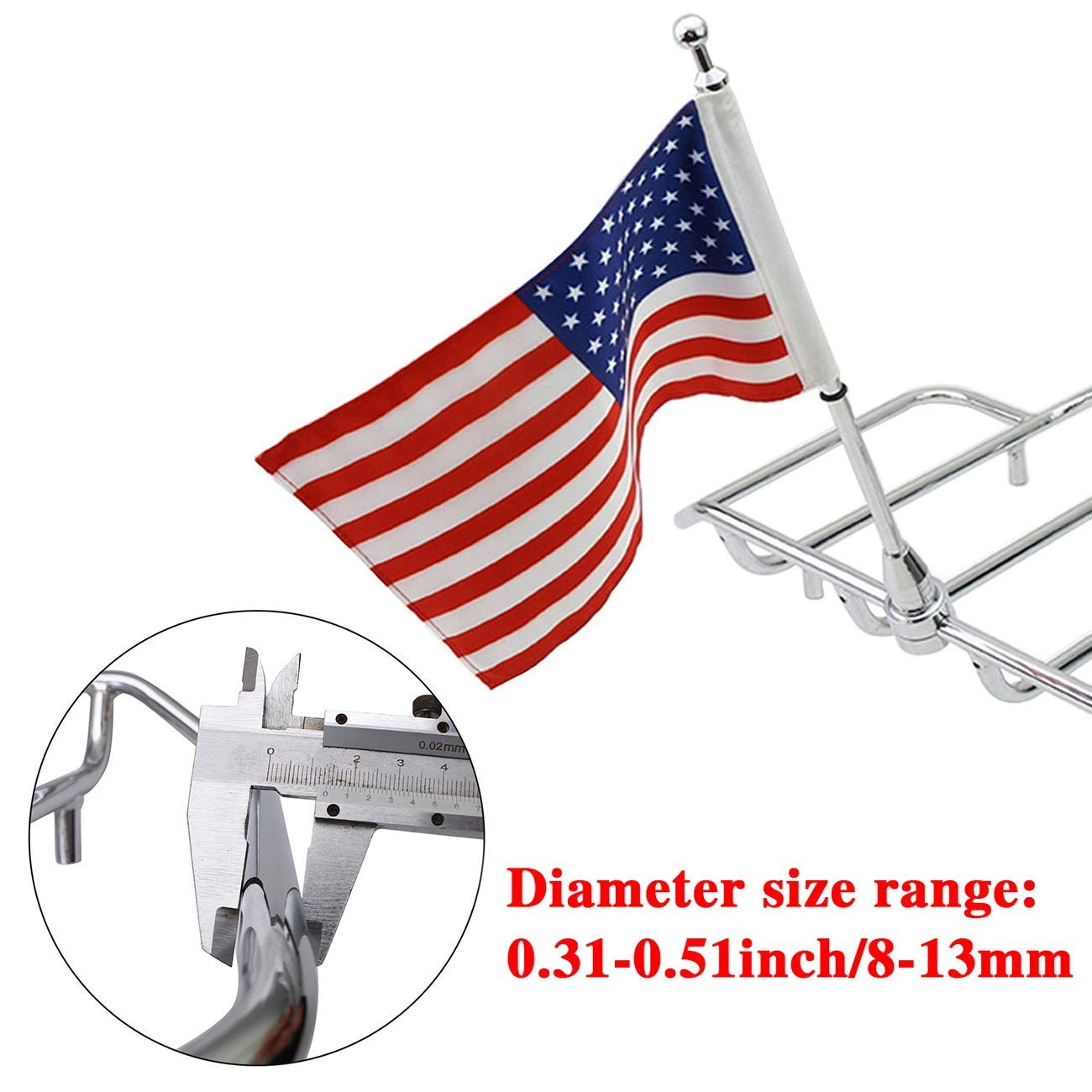 2x Motorcycle Flagpole Mount and American Flag - 6'' x 9'' Premium Double-Sided USA Flag - Stainless 14'' Flag Pole Fixed Mount