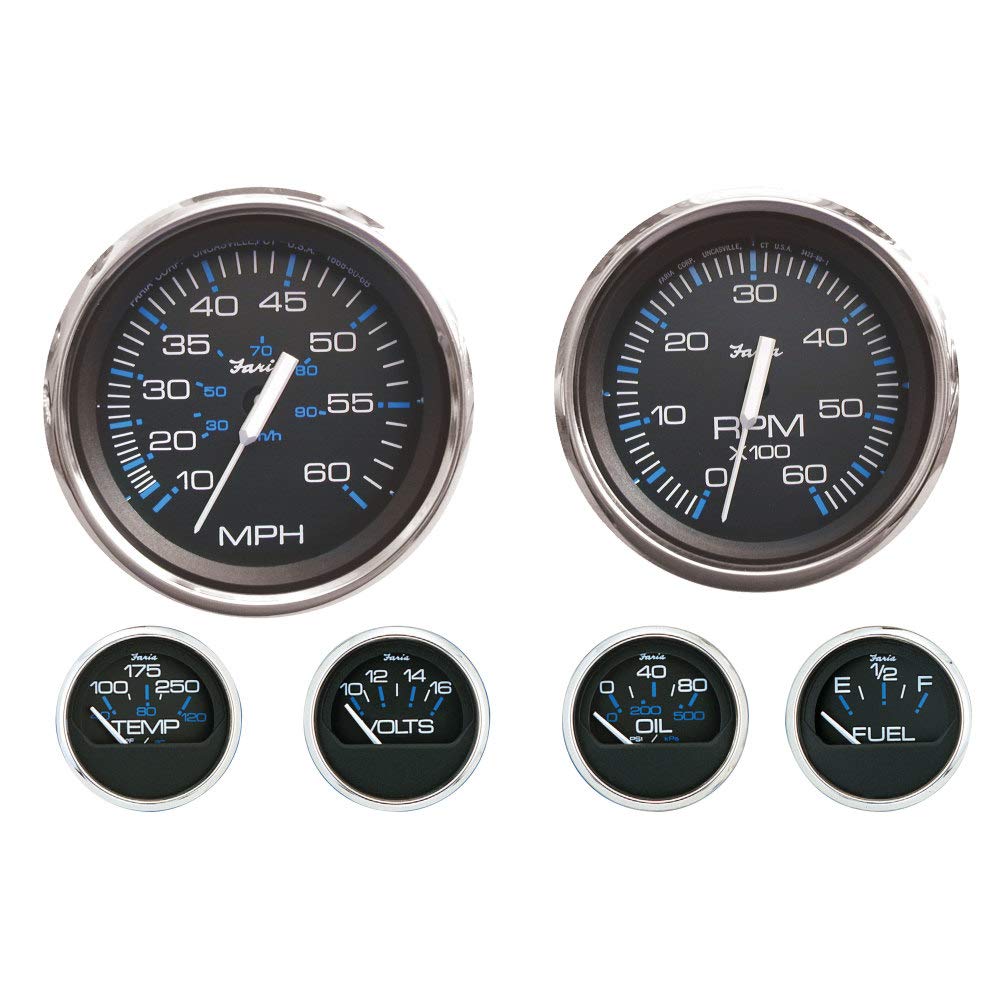 Faria Beede INSTRUMENTS KTF003 Chesapeake Stainless Steel Inboard 6-Gauge Boxed Set - Speedometer/Tachometer/Fuel Level/Voltmete