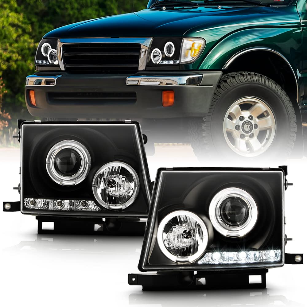 Acanii - For 1997-2000 Toyota Tacoma Pickup Truck Led Halo Ring Black Housing Projector Headlights Headlamps Left+Right
