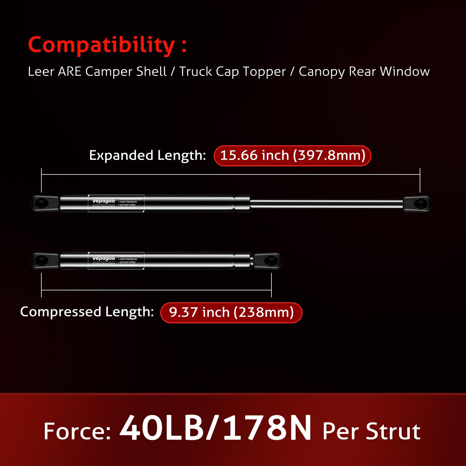 Vepagoo C16-19568 16'' 40Lbs/178N Gas Shocks Struts For Leer Are Camper Shell Truck Topper Rear Window, Pickup Cap Canopy Door,