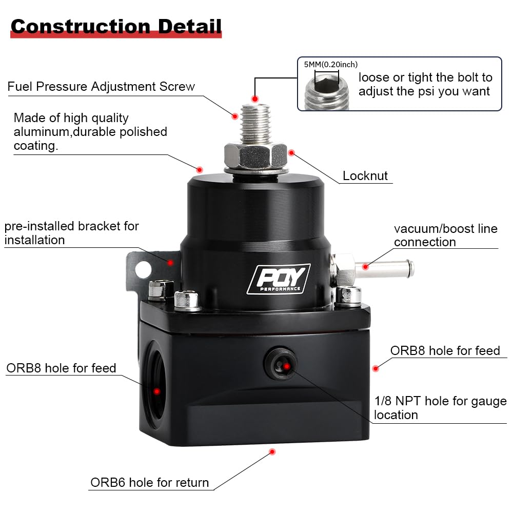 PQY Adjustable Fuel Pressure Regulator Kit 3-70PSI with AN8 Feed Port and AN6 Return Port (black)