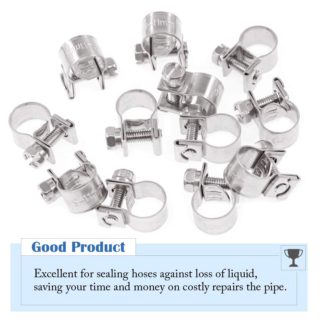 Glarks Stainless Steel Mini Fuel Injection Hose Clamps Set, 12-Pack, 9-11mm Adjustable Pipe Clips, Silver, for 11/32-7/16 Dia Tubes