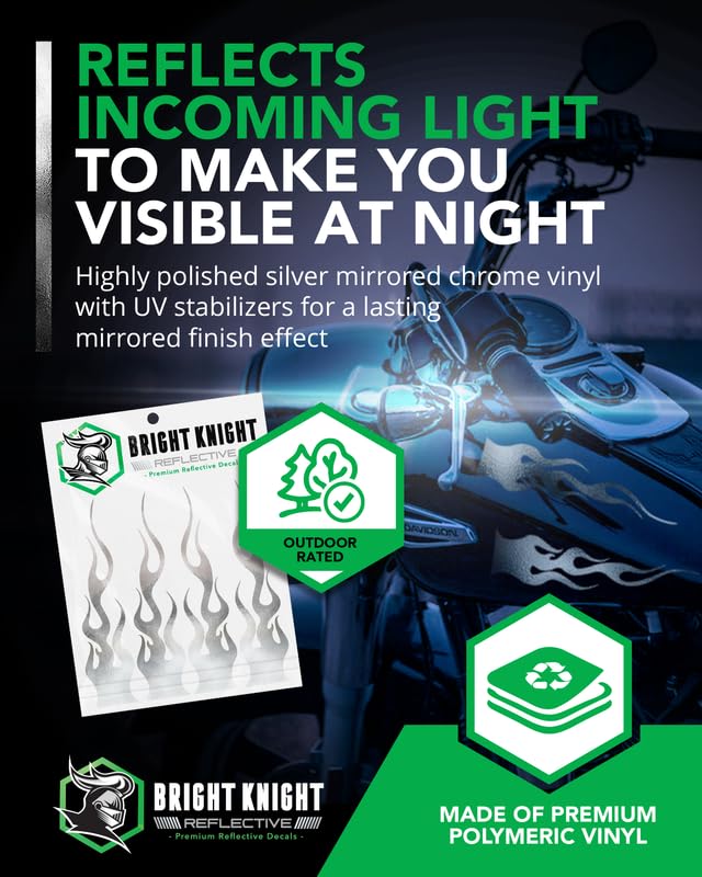 Bright Knight Reflective Flame Stickers, 4 Pcs Chrome Reflective Car Sticker Decal, Made With 3M Retro-Reflective Vinyl, Self-Ad