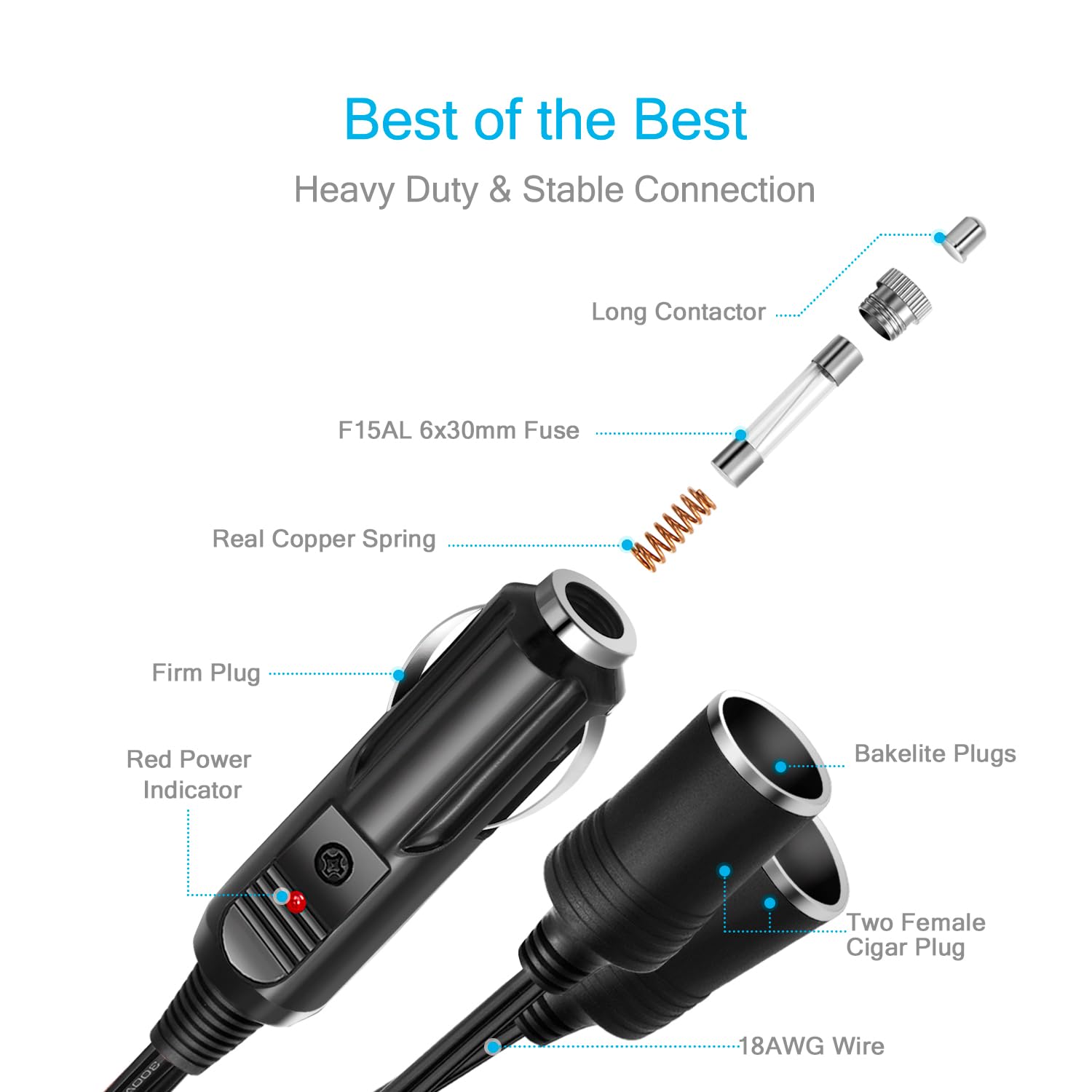 CHANZON 12V/24V 1 to 2 Car Cigarette Lighter Splitter Adapter - 7 inch UL Wire with 15A Fuse - Auto DC Power Supply Extension Co