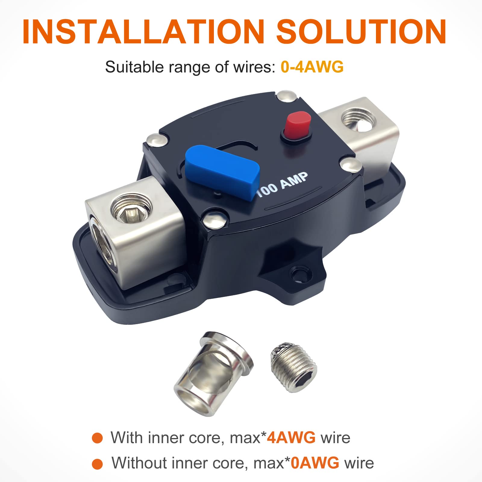 Erayco 80 Amp Circuit Breaker with Manual Reset, 12-48 Volt DC, 0-8 Gauge Trolling Motor Car Stereo Audio Inline Fuse Block Hold