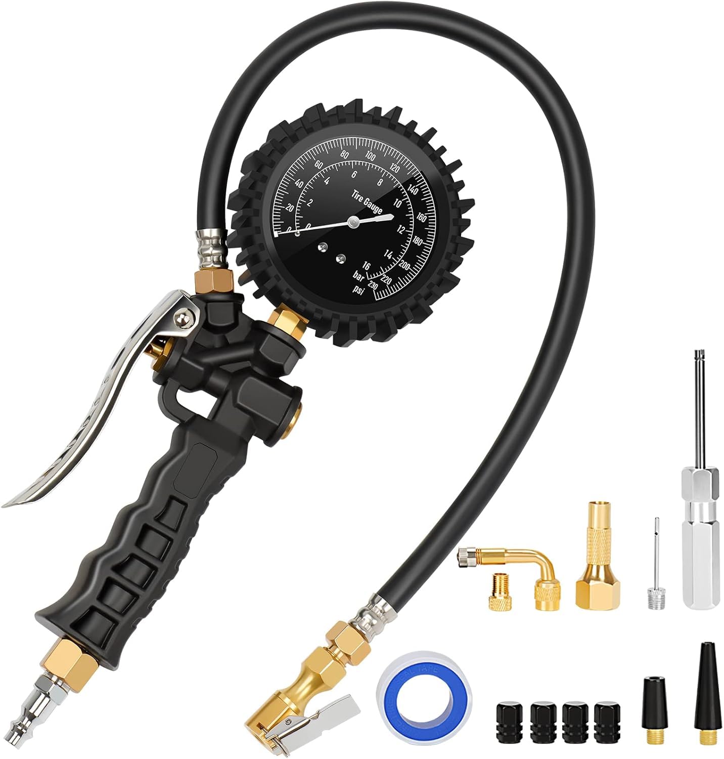 AstroAI Tire Pressure Gauge with Inflator, 230 PSI Heavy Duty with Air Chuck Compressor Accessories, 360 Rotatable Dial and Air 