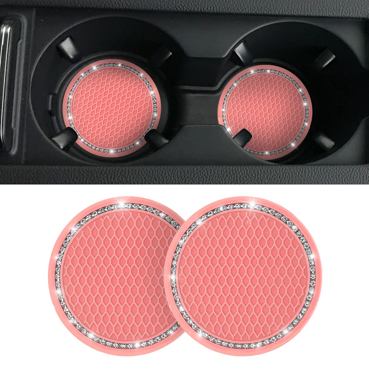2Pcs Universal Bling Car Cup Coaster,Rhinestone Car Accessories 2.75 Inch Car Cup Holder Insert Mat Pad Set,Suitable For Most Car Interior (Pink3)