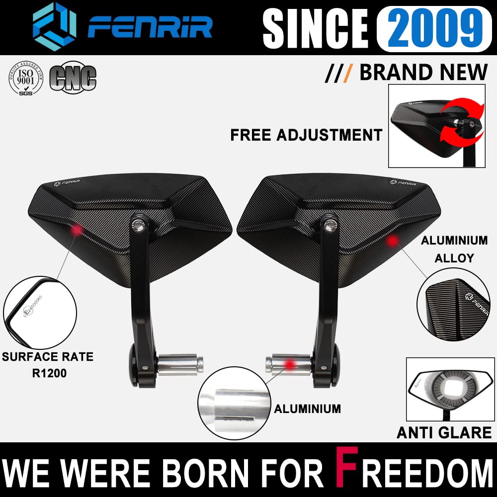 Fenrir Motorcycle Handlebar Bar End Mirror Cnc Aluminum Black Cafe Racer Anti-Vibration Anti-Glare Large Field Of View Universal