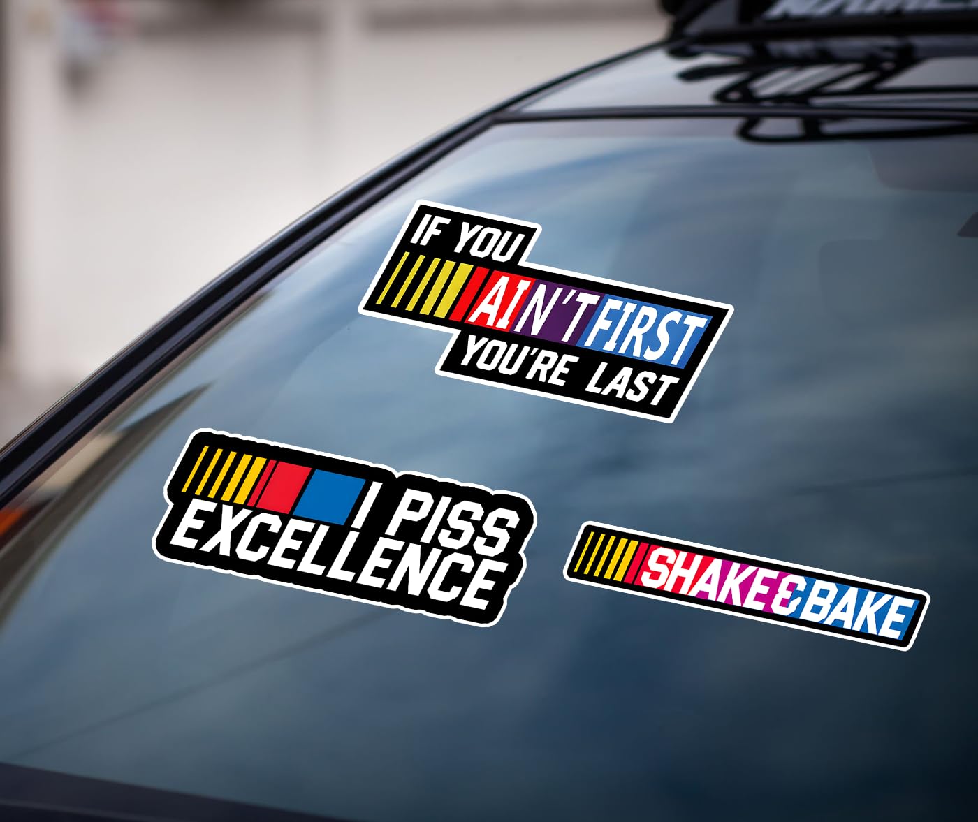 3 PCs Shake and Bake If You Ain't First You're Last Racing Quote Sticker for Bike Car Truck Motorbike Helmet 6 Inches