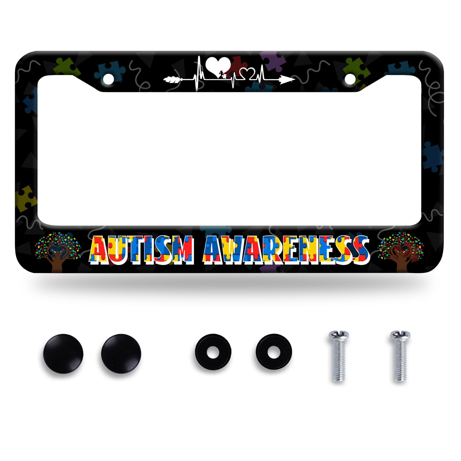 Autism Awareness License Plate Frame Autism Puzzle Heartbeat Line License Plate Colorful Stainless Steel Auto Parts Funny Licens