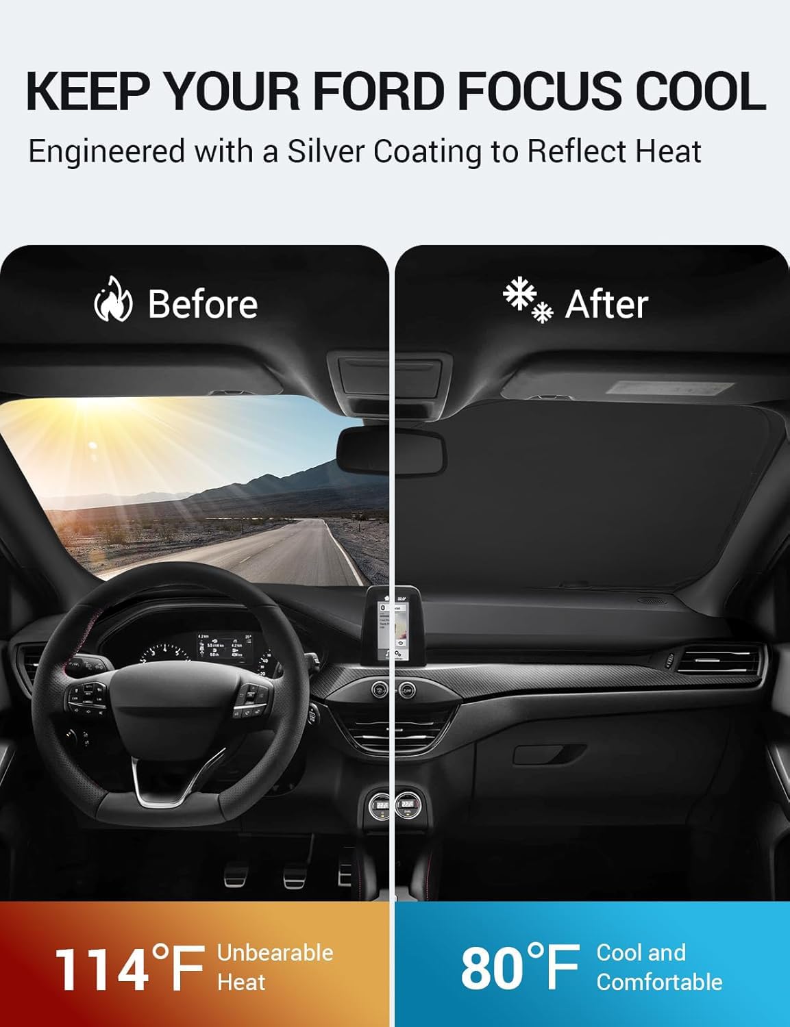 Proadsy 4-Layer Foldable Sun Shade for 2012-2018 Ford Focus S/RS/ST/SE/SEL/Titanium - Black & Silver UV Protection