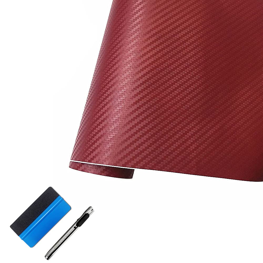 Lzlrun 3D Carbon Fiber Vinyl Wrap Roll With Air Release Bubble Free Adhesive Film - Come With Knife + Hand Tool (Deep Red, 1.5Ft X 5Ft)