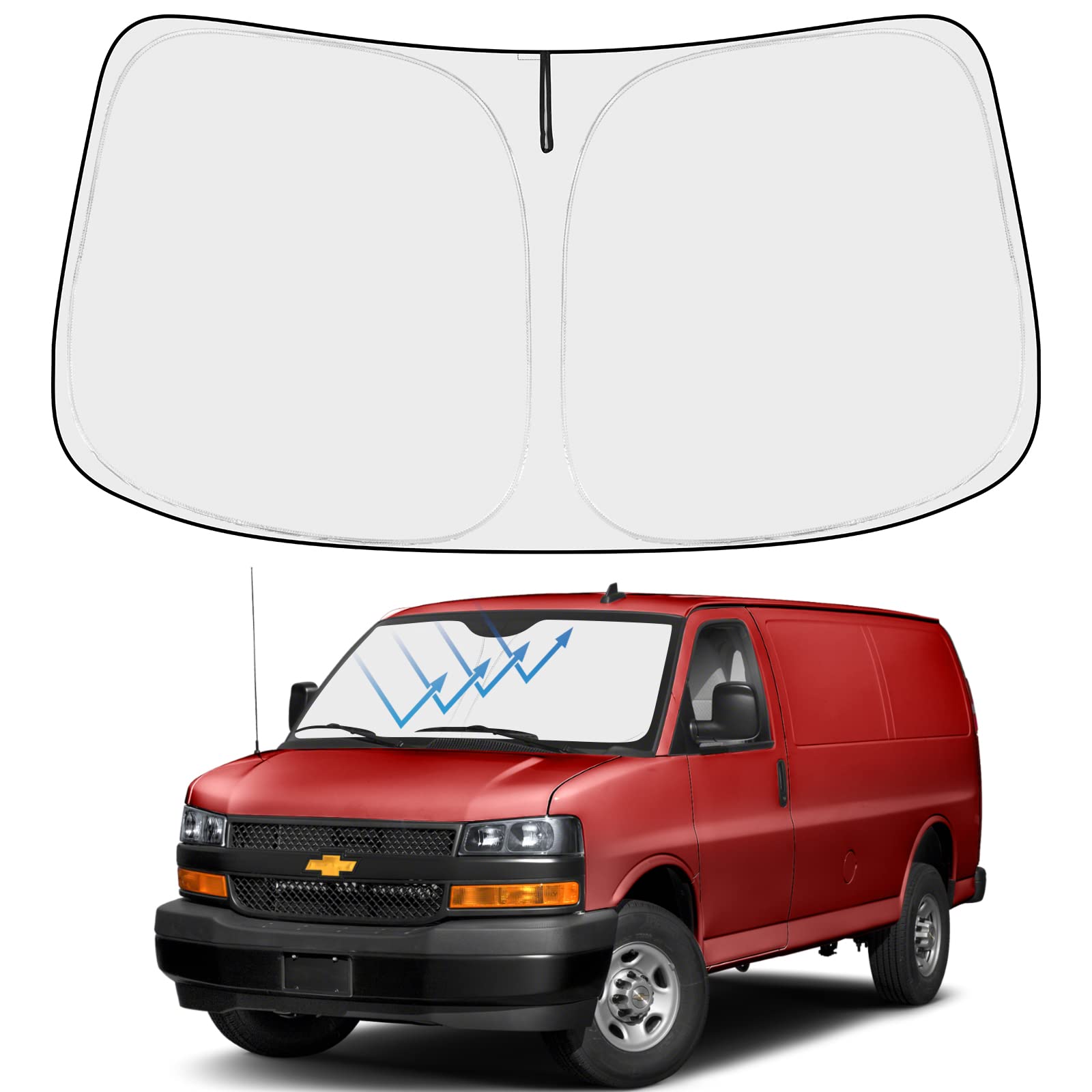 Proadsy 2025 Upgrade Windshield Sun Shade Custom Fit 1996-2025 Chevrolet Express Cargo Van, 1500, 3500, 4500 4-Layer Foldable Fr
