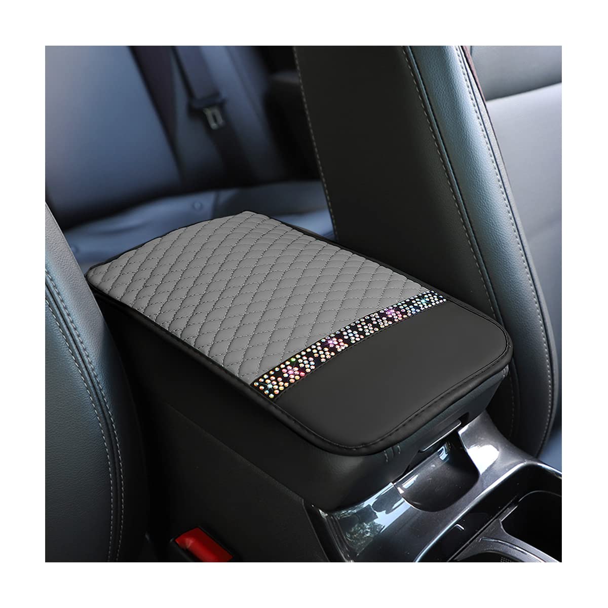 Bling Leather Car Center Console Cover, Car Center Console Protector With Glossy Crystal Rhinestone, Universal Waterproof Car Armrest Seat Box Cover For Most Car, Vehicles, Suvs, Trucks (Gray)