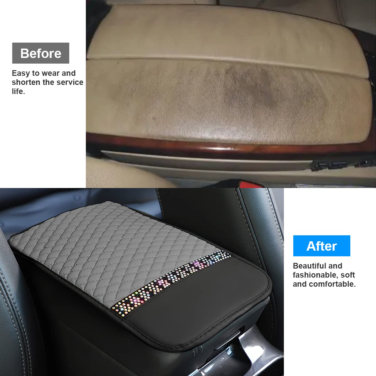 Bling Leather Car Center Console Cover, Car Center Console Protector With Glossy Crystal Rhinestone, Universal Waterproof Car Armrest Seat Box Cover For Most Car, Vehicles, Suvs, Trucks (Gray)