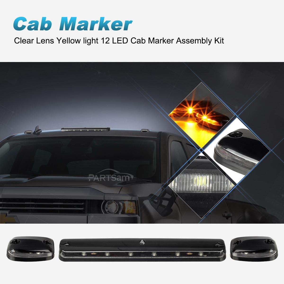 Partsam 3Pcs Clear Lens Cab Roof Marker Lights 12Led Amber Top Assembly Light Compatible With Silverado/Sierra 1500 2500 3500 25