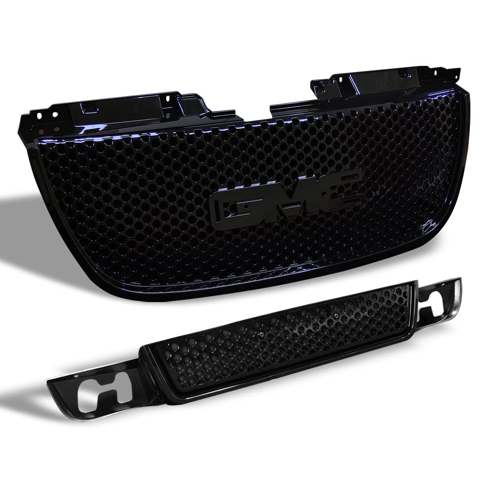 Glossy Black Round Hole Mesh Front Upper Hood Grill + Lower Bumper Grille Guard ABS Compatible With 07-14 GMC Yukon/XL/Denali