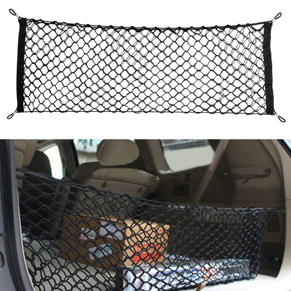 Car Rear Cargo Net, Universal Adjustable Elastic Trunk Cargo Storage Organizer Net, Double-Layer Storage Nylon Mesh Compatible F