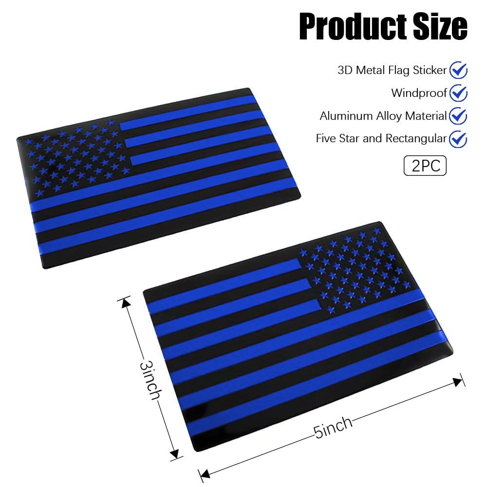 Pincuttee 2PC 3D Metal USA Flag Emblem and Sticker, American Flag Car Decal, 3D Metal Emblem, Car Bumper Sticker Accessory (Blue
