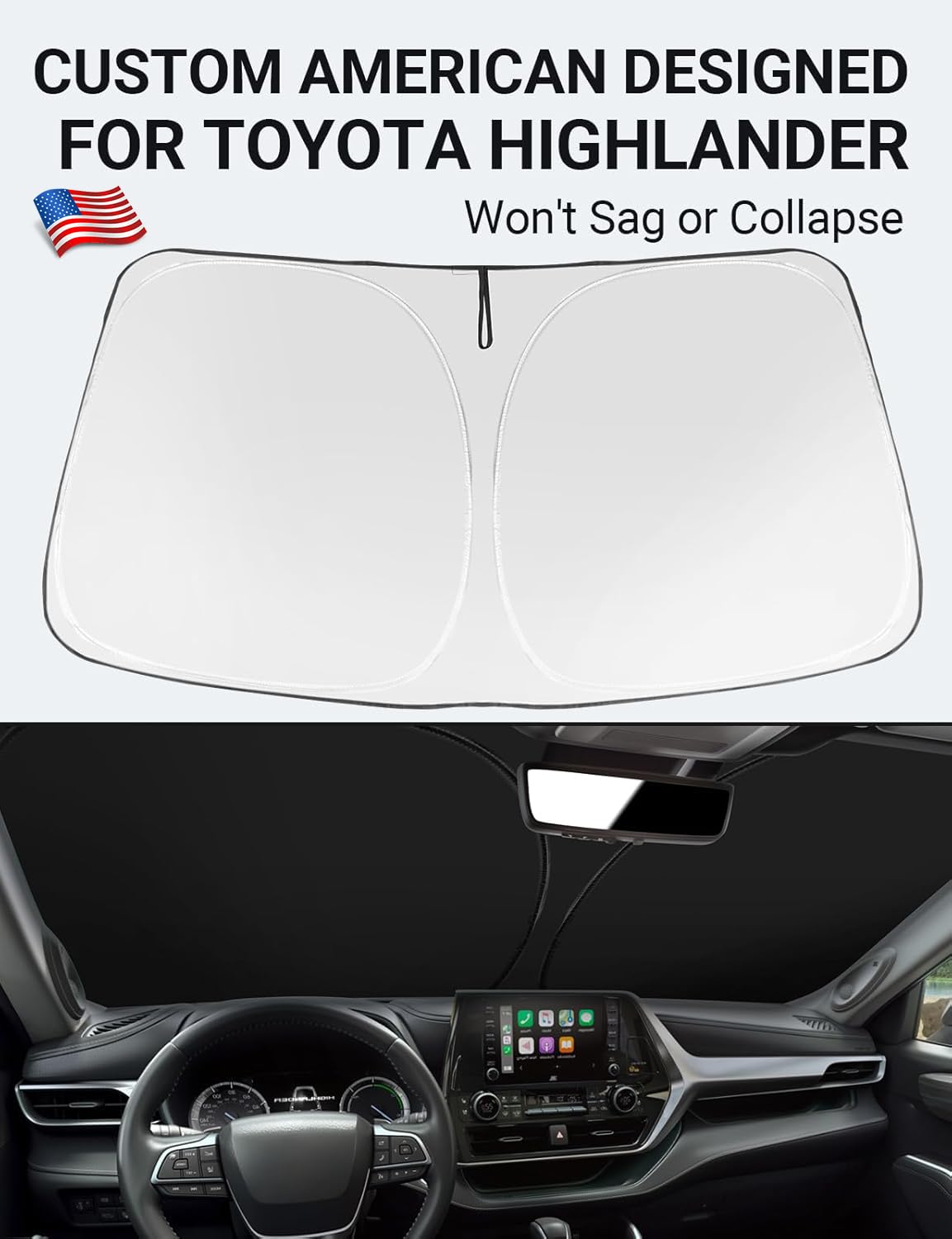 Proadsy Front Windshield Sun Shade Foldable Sunshade Protector Custom Fit 2020-2024 2025 Highlander L Le Xle Limited Platinum Grand Highlander Accessories 2025 Upgrade