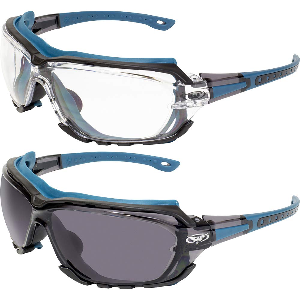 Global Vision 2 Pair Octane Sport Motorcycle Riding Safety Glasses Blue Gasket 1 With Clear Lens And 1 With Smoke Lens