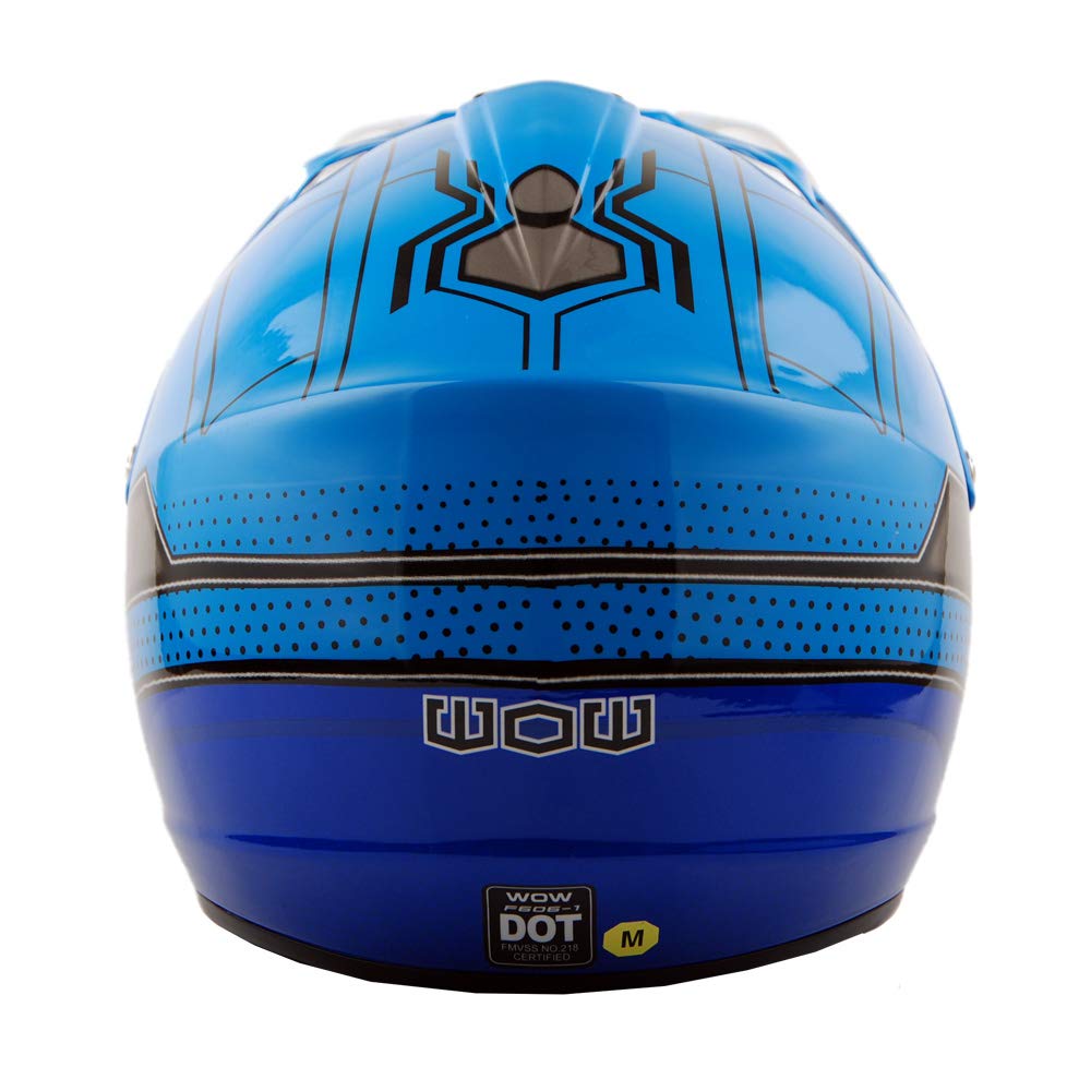 Wow Youth Kids Motocross Helmet Bmx Mx Atv Dirt Bike Helmet Spider Blue + Goggles + Mg Youth Blue Glove Bundle