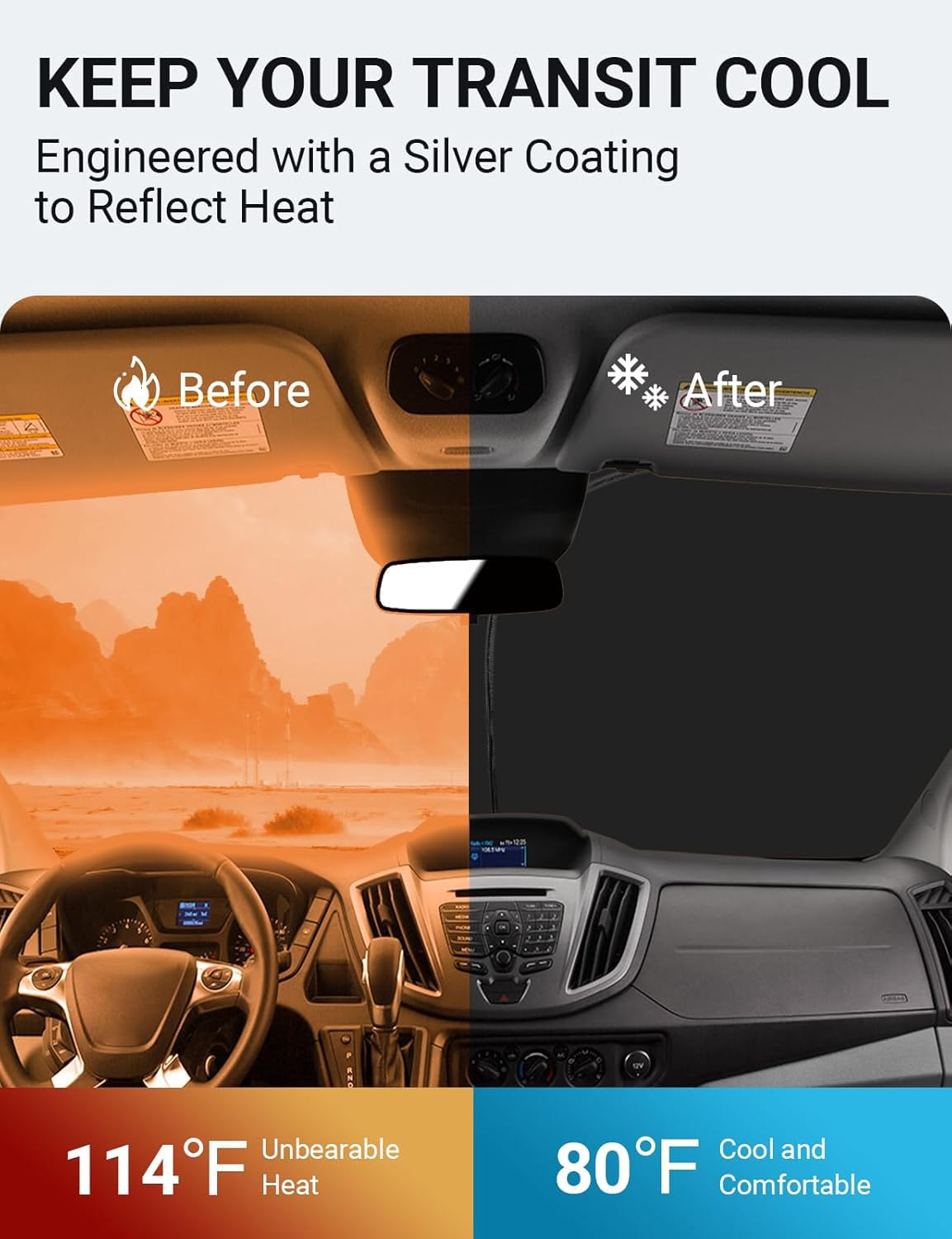 Proadsy 2025 Upgrade Windshield Sunshade Custom For 2015-2024 2025 Ford Transit Reflective Heat Sun Uv Protector Foldable Front