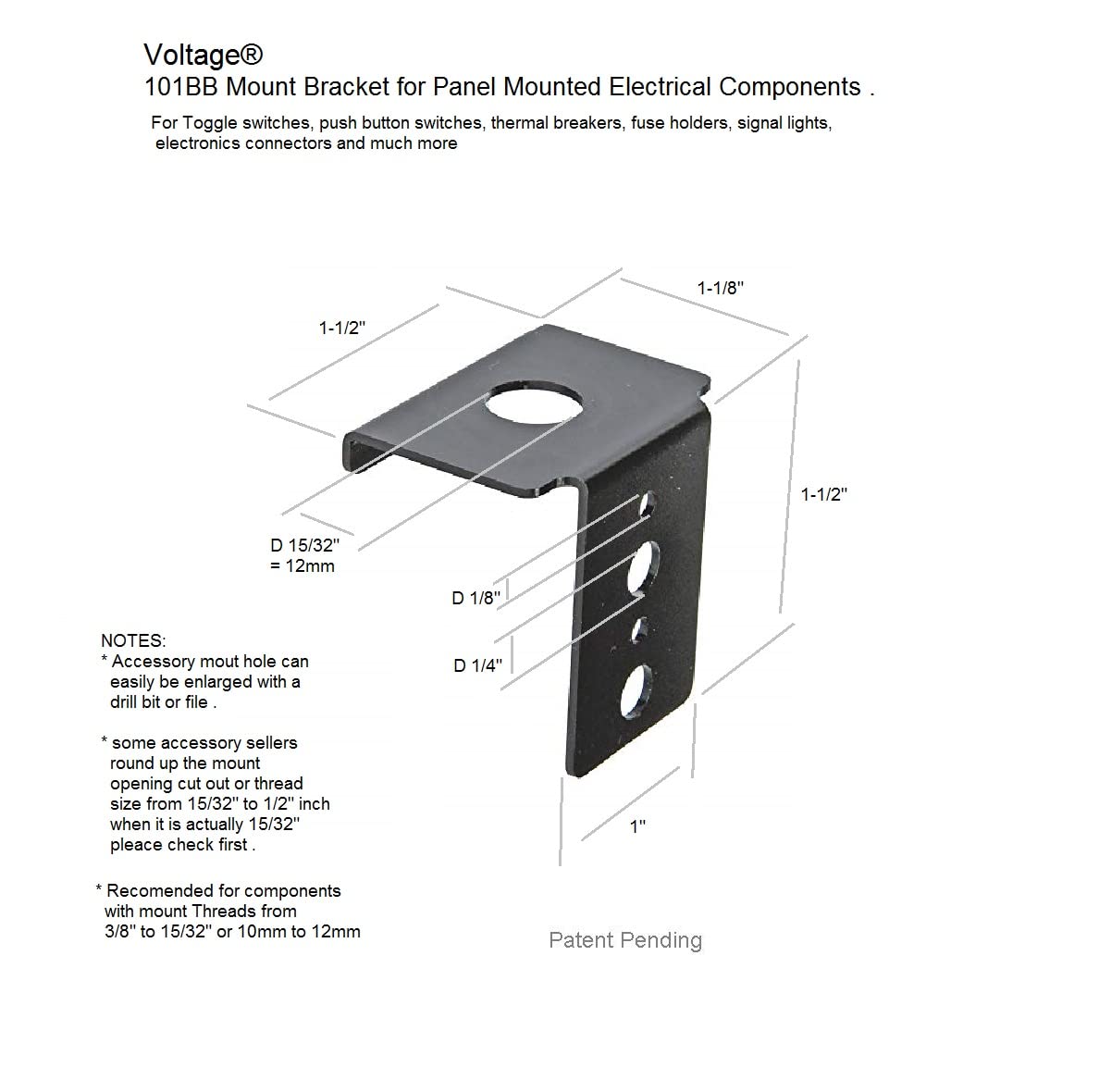 Elephant Cases Panel Mount Bracket for Electrical Components - Push Button Circuit Breaker, Toggle Switch, LED Indicator, Fuse & More