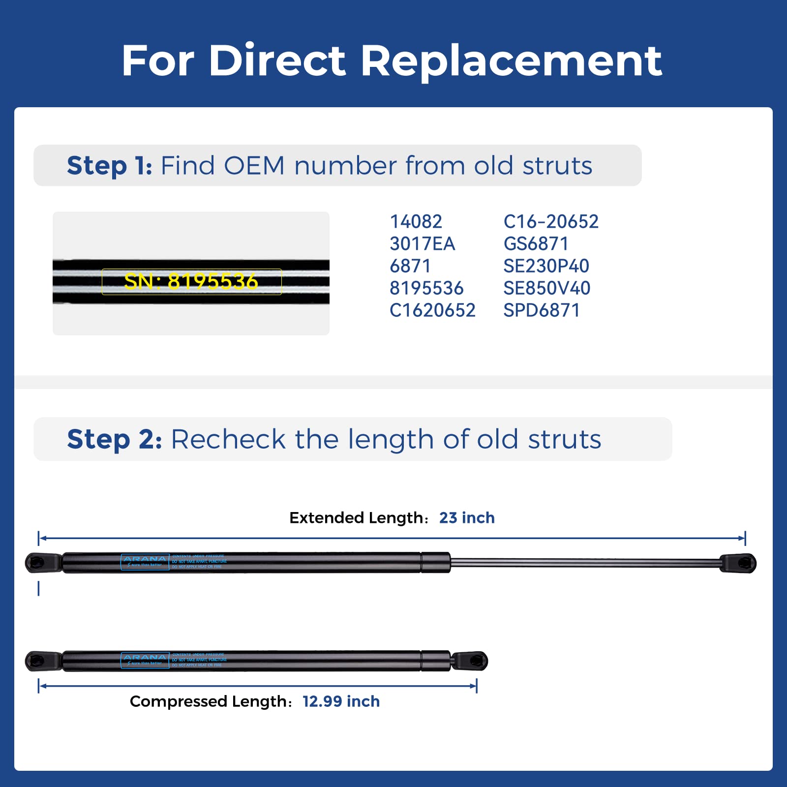 Arana C1620652 23 Inch 40Lb Gas Struts Prop Springs Shocks 23'' Se230P40 Replacement Lift Supports For Tonneau Cover Leer Canopy