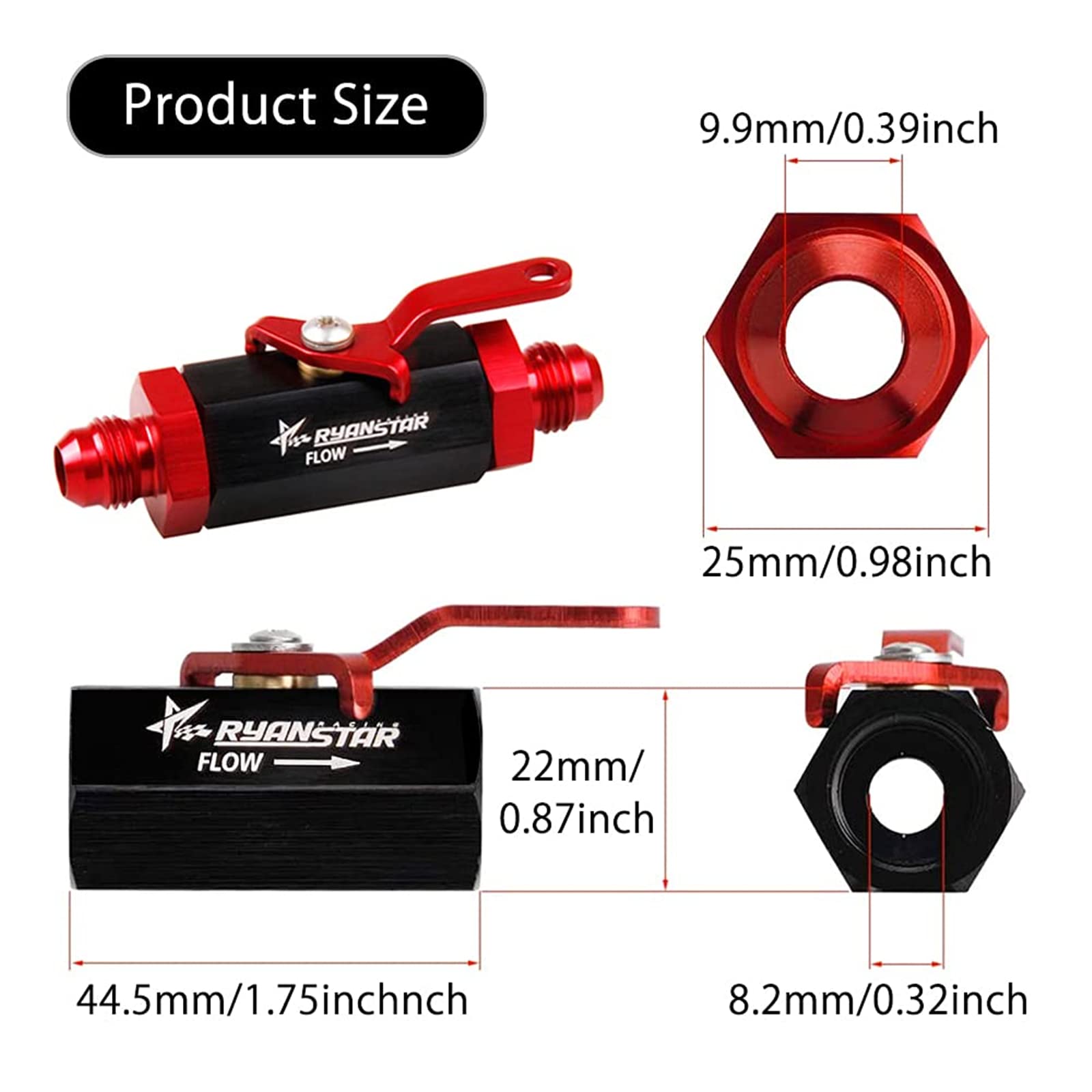 RYANSTAR AN8 Fuel Shut Off Valve 8AN to 8AN Male Fitting Aluminum Anodized (Black&Red)