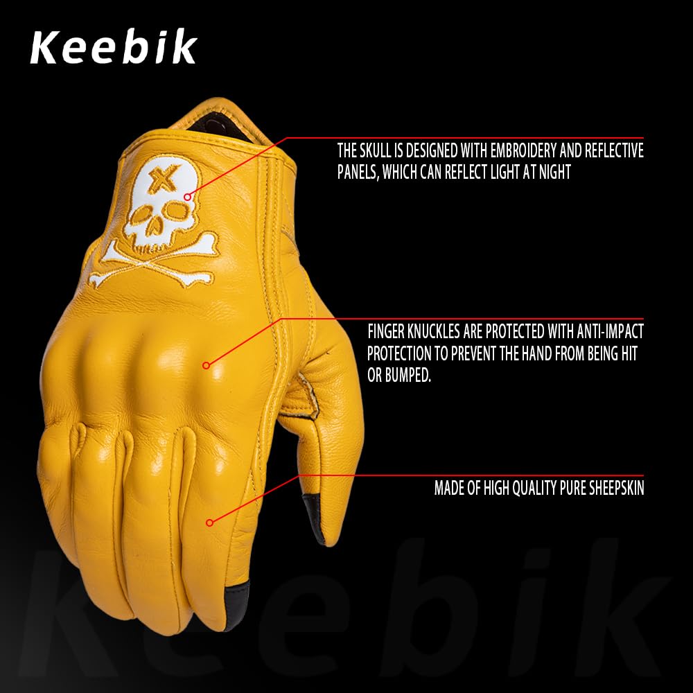 Keebik Goatskin Leather Motorcycle Motorbike Powersports Racing Gloves Reflective Skull Touchscreen for Men and Women Model (HEE