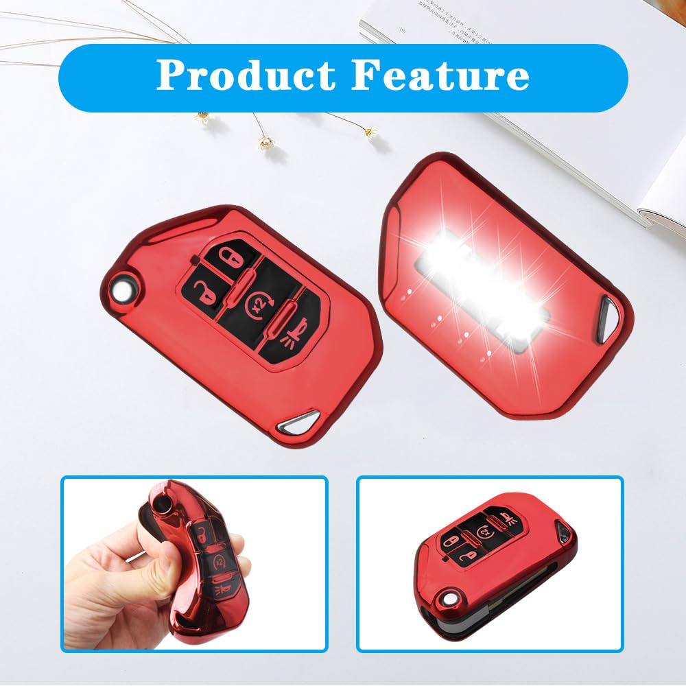 QBUC Jeep Key Fob Cover With Keychain - Flip Key Case Protector for 2018-2024 Wrangler JLU JL, 2020-2023 Gladiator Rubicon JT (R