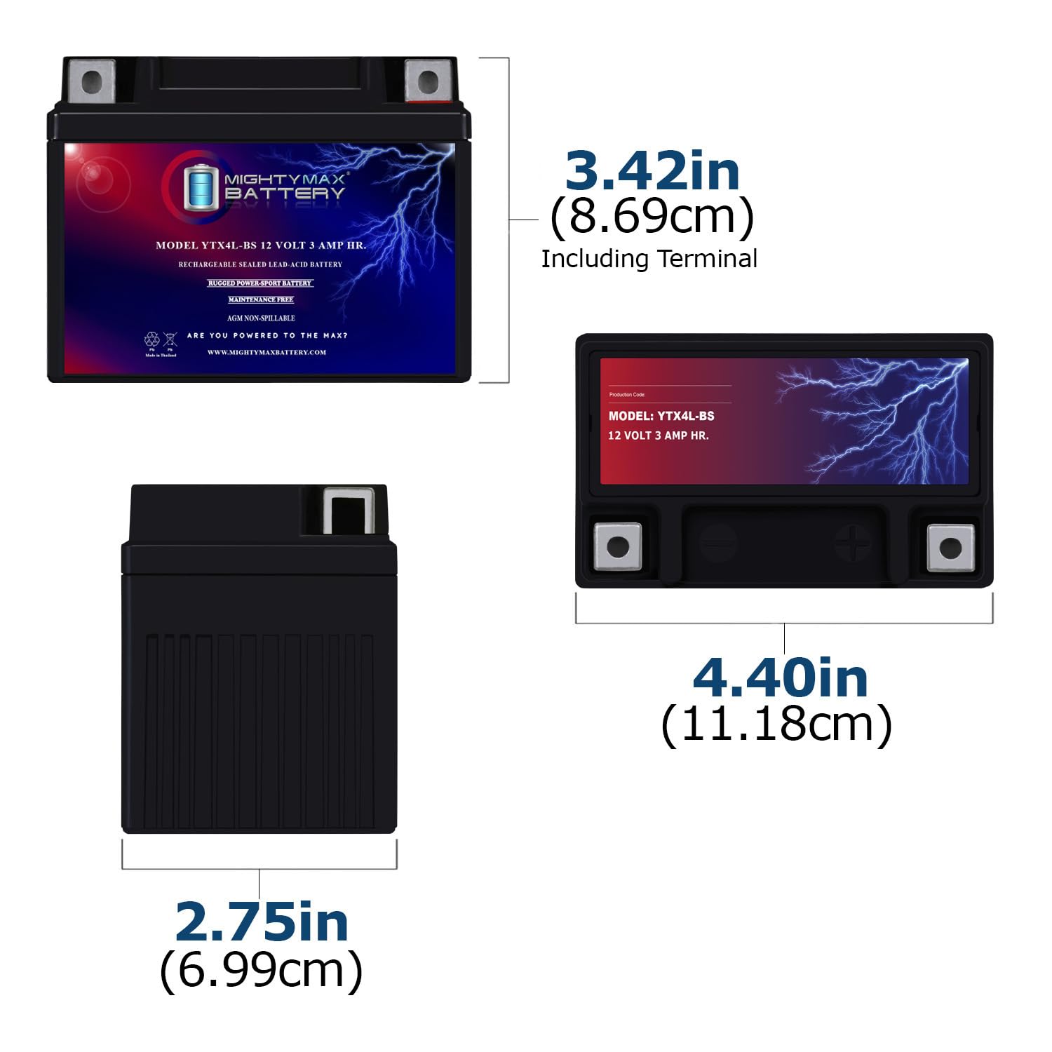 Ytx4L-Bs 12 Volt 3Ah Motorcycle Battery Replaces Ytx4L-Bs - 3 Pack