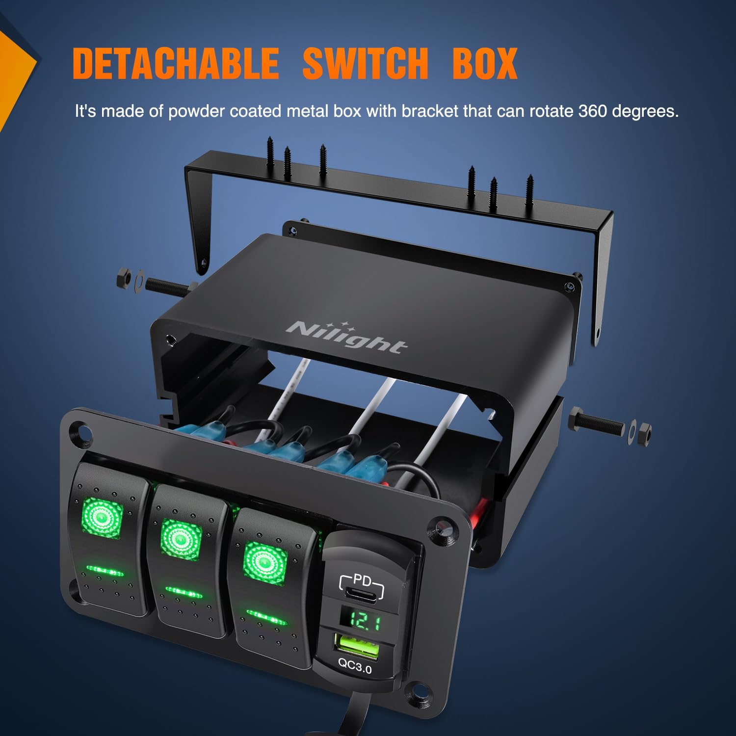 Nilight 3 Gang Rocker Switch Box 12V Spst On Off Toggle Switches Pd Type C And Qc Usb Charger Voltmeter Led Light Waterproof Alu