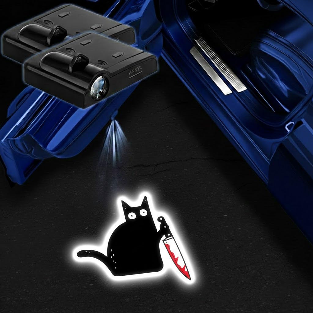 2PCS Cat Car Door Lights Projector,Wireless LED Welcome Puddle Lights,Magnetic Logo Projector Door Light Decor Car Accessories C