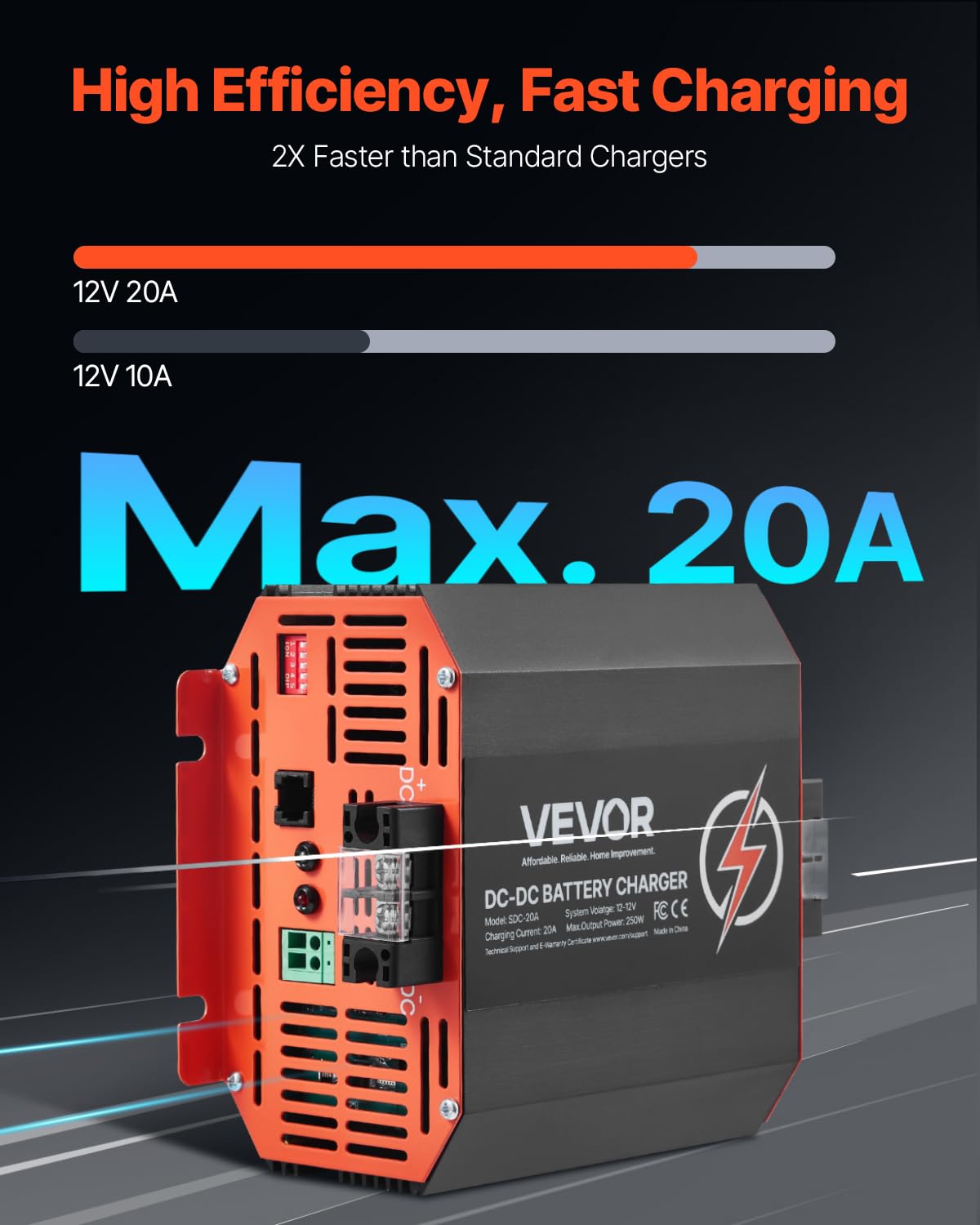 VEVOR 12V 40A DC to DC Battery Charger, 500W, On-Board Battery Charger for Lead-Acid, Lithium, AGM, Gel, and Flooded Batteries,