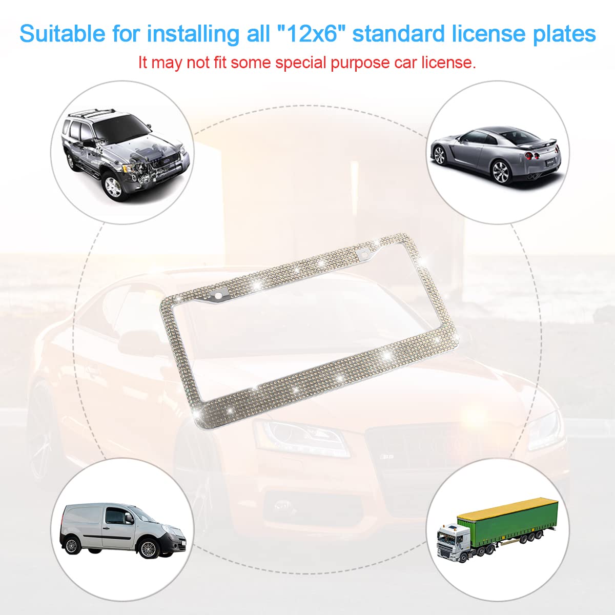 Yalok Bling Car License Plate Frame, Sparkly Rhinestone Stainless Steel License Plate Cover/Holder, Universal For Most Cars, Suvs, Vehicles With Screw Set, Auto Accessories For Women (Light Gold)