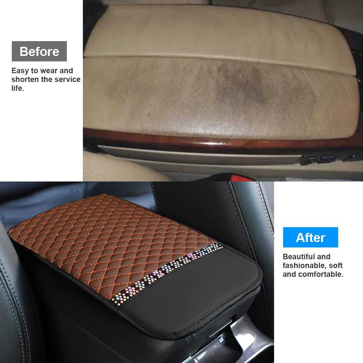 Bling Leather Car Center Console Cover, Car Center Console Protector With Glossy Crystal Rhinestone, Universal Waterproof Car Armrest Seat Box Cover For Most Car, Vehicles, Suvs, Trucks (Brown)