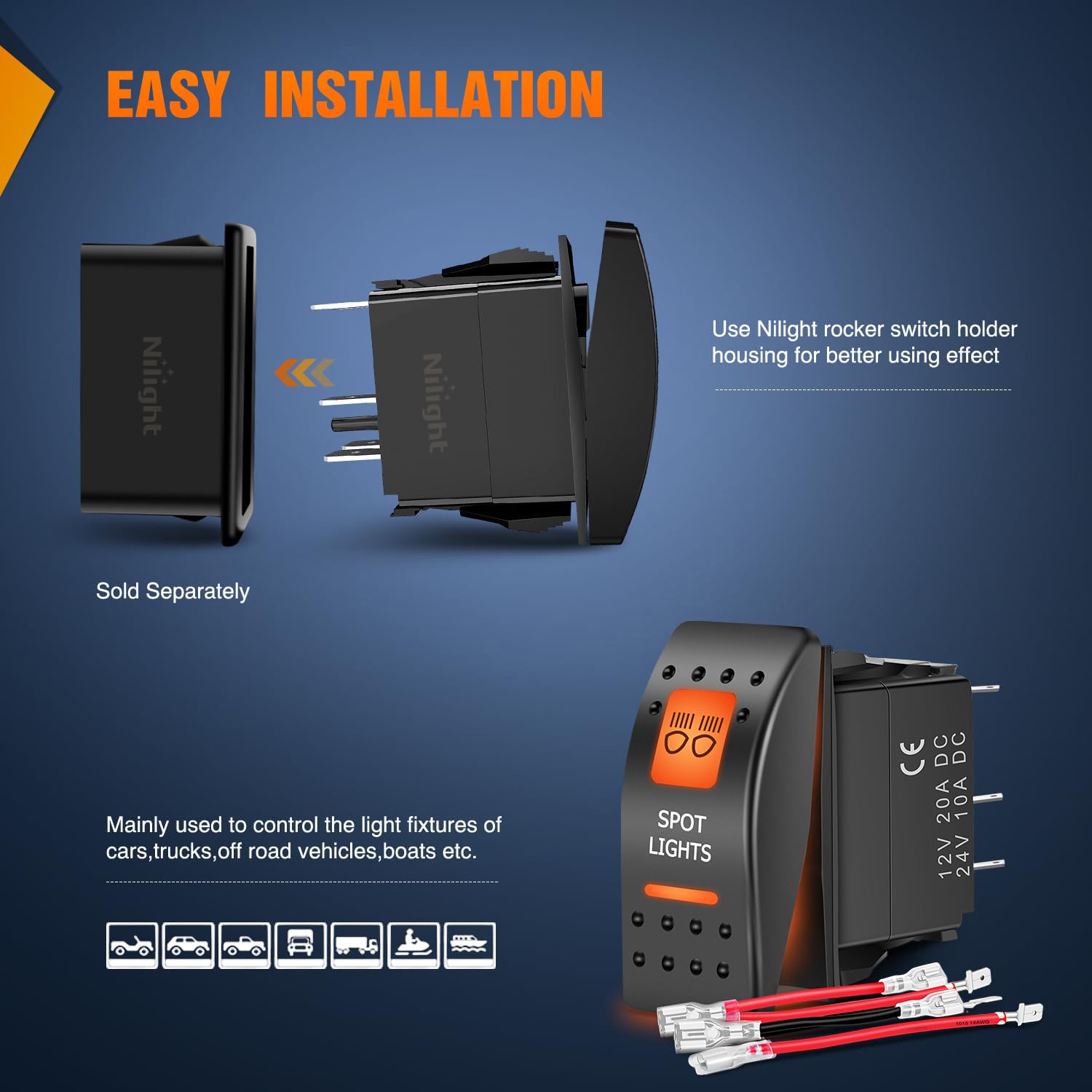 Nilight Utv Spot Lights Rocker Switch On Off 5 Pin Spst Led Light Bar Switches With Orange Backlit 12V 24V Toggle With Jumper Wi