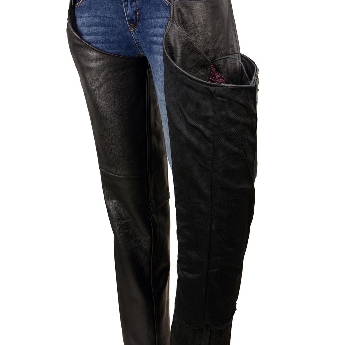 Milwaukee Leather Chaps For Women Black Naked Skin Purple Crinkled Stripes- Reflective Trim Motorcycle Chap Mll6500 - Small