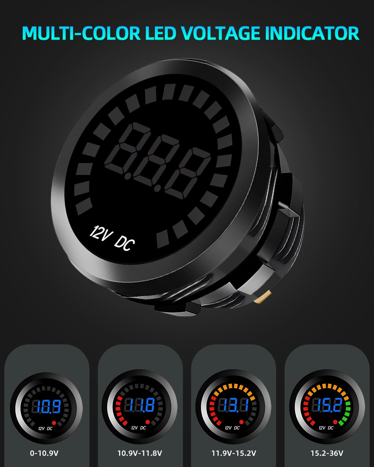 2PCS DC 12V Voltage Meter, Waterproof LED Display Voltmeter Gauge Panel, Round Battery Monitor with Wires & Terminals & Srews, f