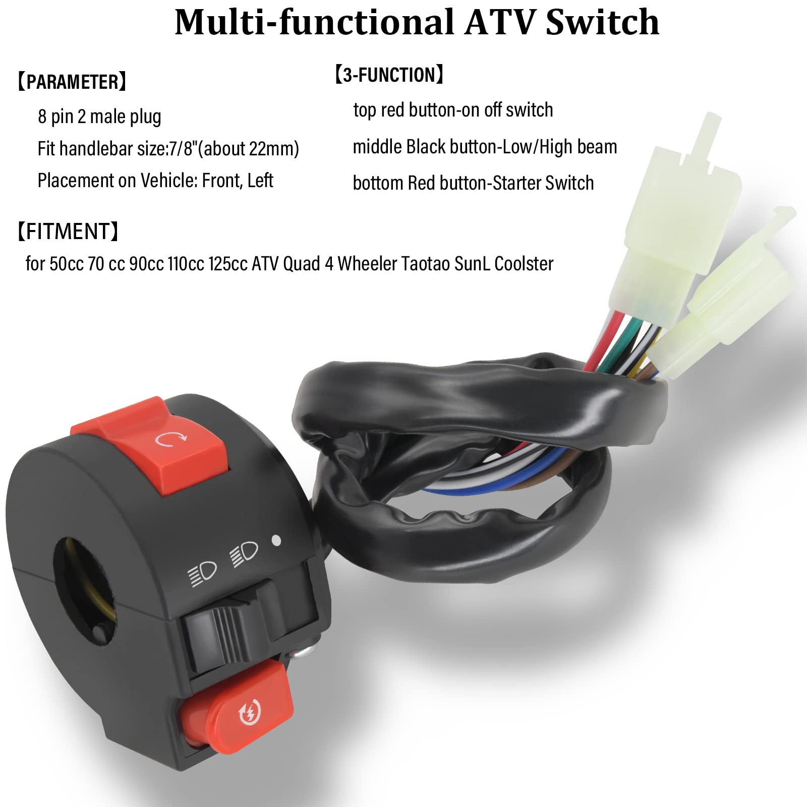 4 Wires Ignition Switch Key With Cap+3 Function Left Starter Switch Assembly For 50Cc 70 Cc 90Cc 110 Cc 125Cc 150Cc Taotao Sunl Chinese Atv Quad 4 Wheeler 125Cc Apollo Dirt Bike Scooter Parts