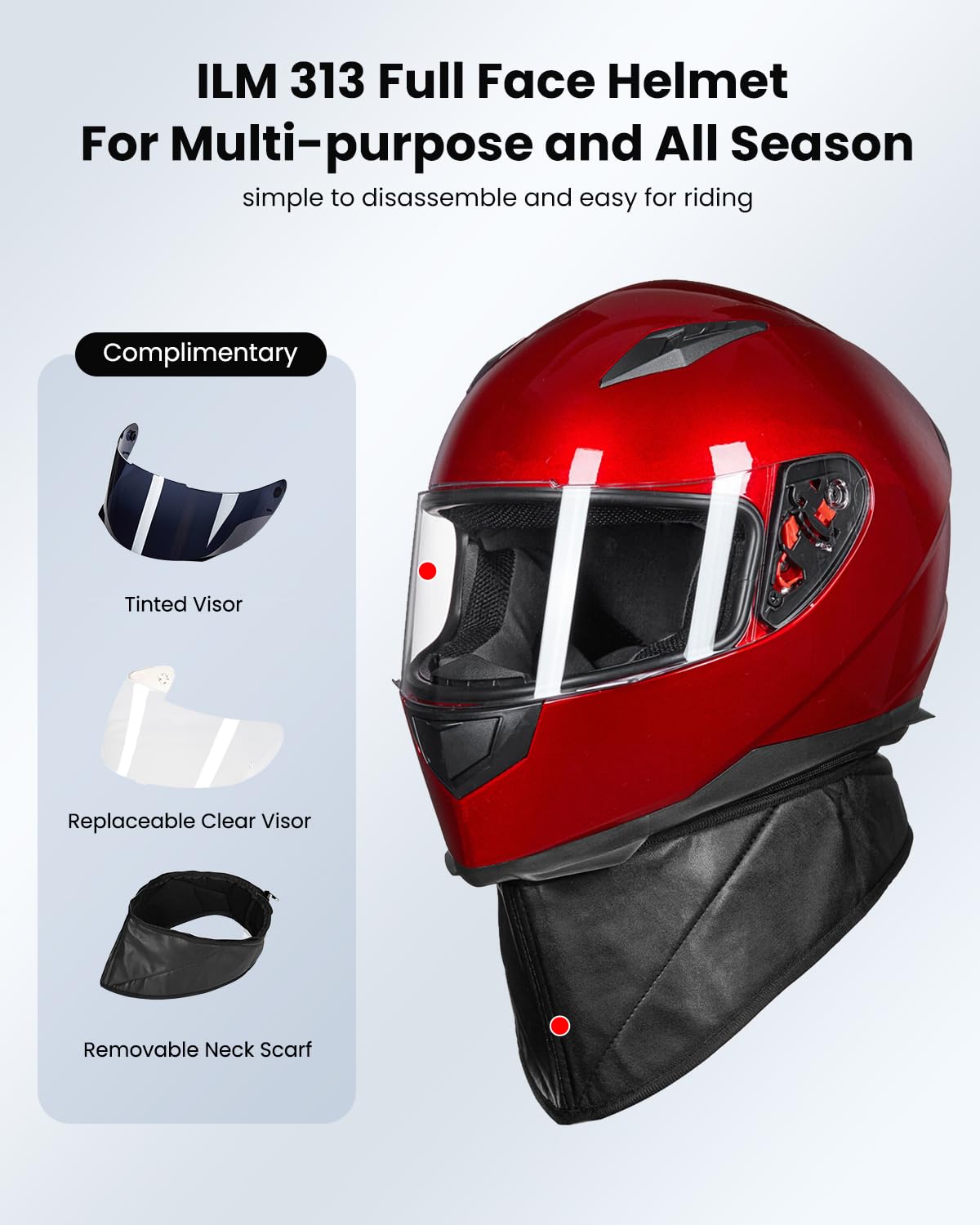 Ilm Full Face Motorcycle Street Bike Helmet With Removable Winter Neck Scarf + 2 Visors Dot Model-Jk313 (Xl, Bright Red)