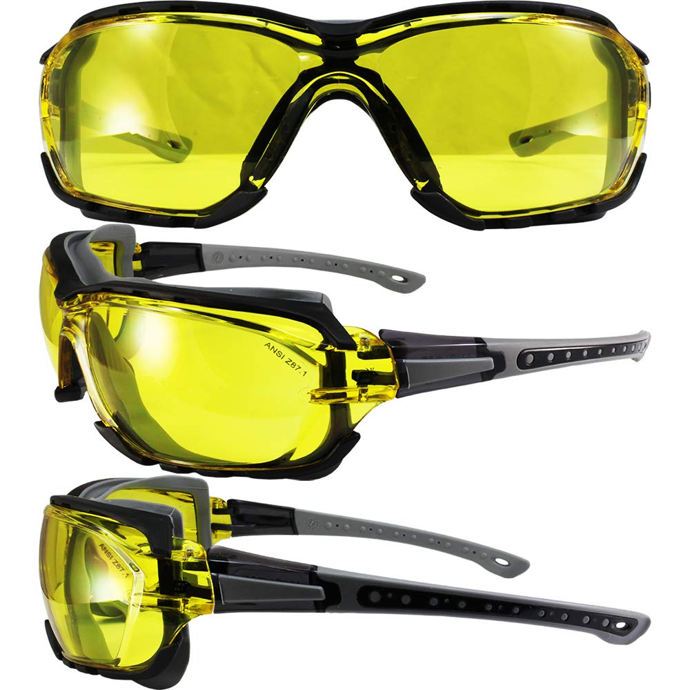Birdz Eyewear Gasket Safety Padded Motorcycle Sport Sunglasses Grey With Clear Lens (Yellow)