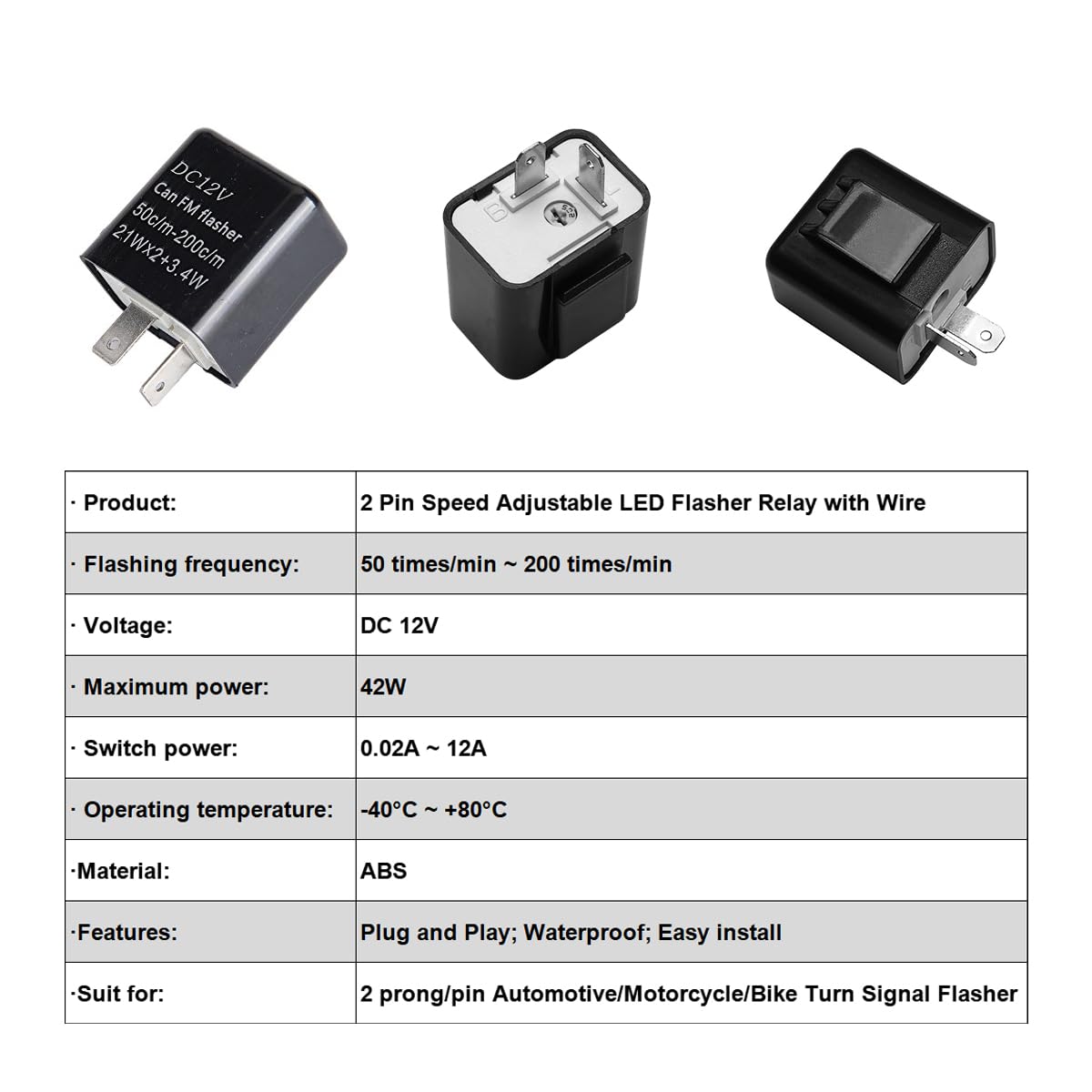 TECTEK Adjustable 2 prong Electronic LED Flasher Relay with Wires for bikes motorcycles scooters turn signals Hyper Flash 2 Pin