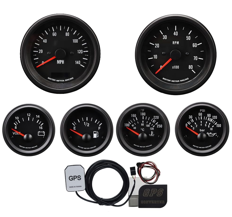 MOTOR METER RACING VD Vintage 6 Gauge Set with GPS Electrical Speedometer Digital Odometer Black Dial Red Needle White LED Illum